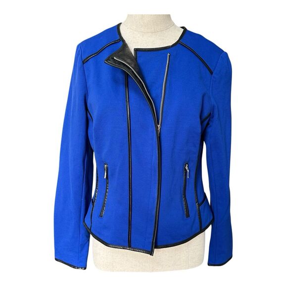 INC International Concepts Blue Moto Jacket Size M Faux Leather Trim Zip Pockets - Picture 1 of 5